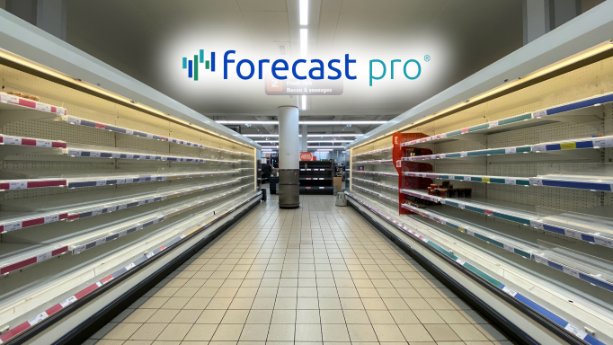 Forecast Demand in Uncertain Times image: Empty store shelves with Forecast Pro logo
